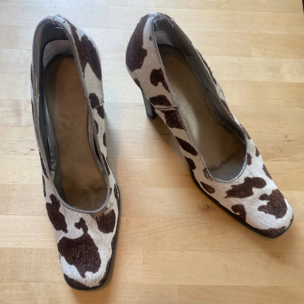 Bebe Brown and White Cow Print Leather Heels Size 10